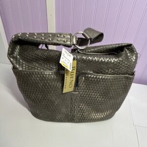 Bueno Silver Woven Studded Faux Leather Shoulder Bag with Zip for Women